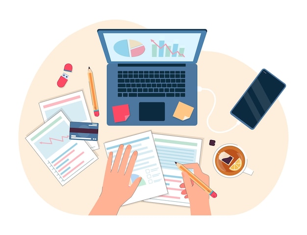 Vista superior do trabalhador de escritório ou contador analisando documentos. Mãos de analista ou empresário fazendo pesquisa ou estudando ilustração vetorial plana de análise de negócios. Tecnologia, conceito de finanças
