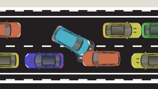 Vetor vista superior dos desenhos animados planos do veículo automóvel com acidente de emergência de travagem e estrada