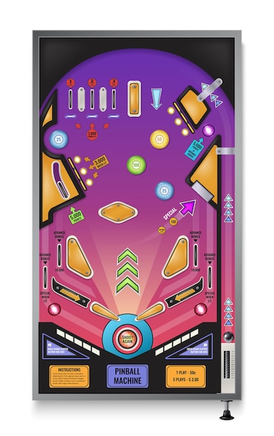 Vetor vista superior realista da máquina de pinball clássica com êmbolo de bola de aço, luzes piscantes, ilustração dos obstáculos do campo de jogo