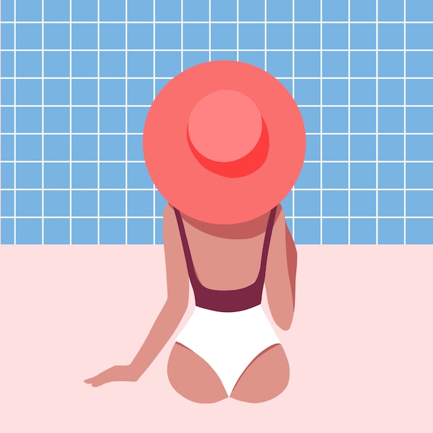 Vista traseira da garota em traje de banho relaxante na piscina. férias de verão.