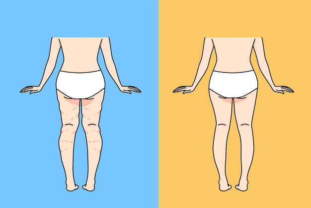 Vista traseira da mulher em roupas íntimas antes e depois da remoção da celulite. as pernas e a bunda feminina na parte inferior do corpo têm procedimento ou tratamento anticelulite. forma do corpo e saúde. ilustração vetorial.