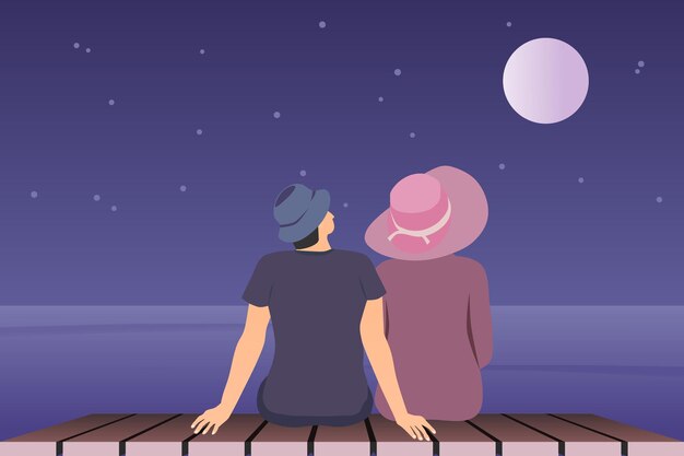 Vetor vista traseira de homem e mulher sentados em um convés de madeira com vista para o oceano à noite casal apaixonado ilustração vetorial