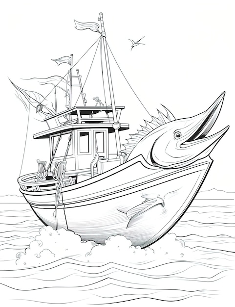 Vetor vista traseira de um barco de pesca pegando um livro de colorir de marlin