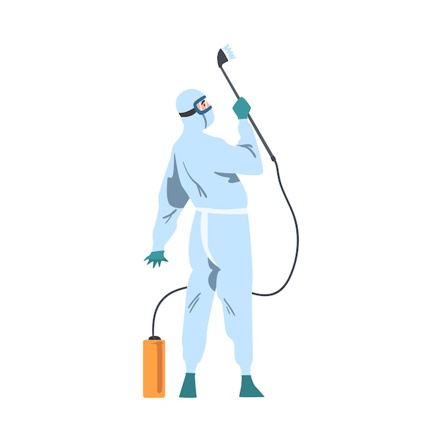 Vista traseira de uma pessoa em fato antiviral protetor pulverizando desinfetante Medidas preventivas contra a propagação da doença do coronavírus Ilustração de vetor de estilo de desenho animado