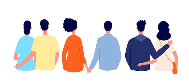 Vista traseira do casal apaixonado. Casais isolados, pessoas apaixonadas unidas. Homem mulher viajar ou caminhar, conjunto de vetores de pessoas românticas dos desenhos animados. Mulher e homem casal amam ilustração