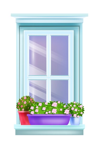 Vista vintage exterior da janela da casa retro fechada com vasos de flores, plantas caseiras, peitoril, rosas de flor isoladas.