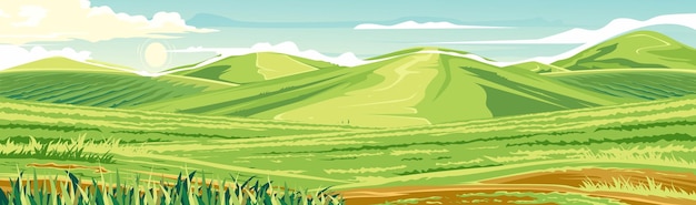 vistas de um amplo vale verde cercado por colinas onduladas