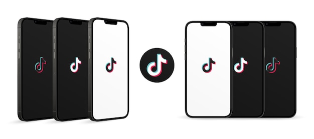 Vistas frontais e em perspectiva da maquete da tela do celular com o logotipo do tiktok isolado em branco