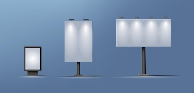 Visualização 3D noturna com iluminação de um grande outdoor horizontal e vertical e uma luz da cidade Para publicidade em ruas e rodovias da cidade Para cartazes OOH Vector