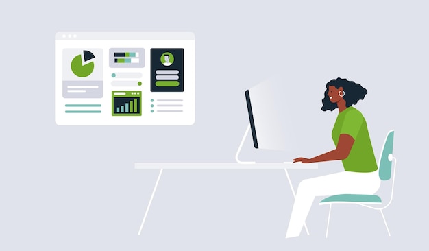 Visualização de análise de dados com mulher usando computador em um espaço de trabalho moderno