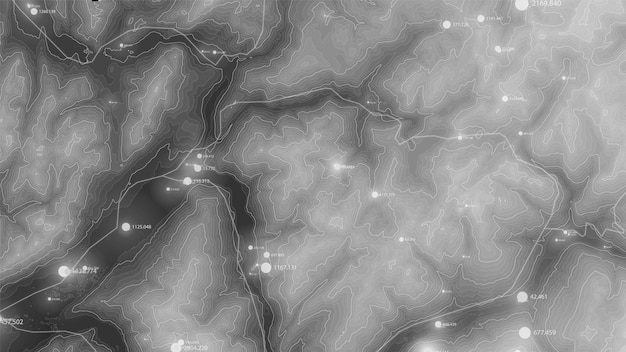 Visualização de big data de terreno Infográfico de mapa futurista Visualização gráfica de dados topográficos complexos Dados abstratos em gráfico de elevação Imagem de dados geográficos monocromáticos