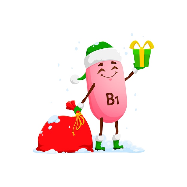 Vetor vitamina b1 de natal em chapéu de papai noel com presentes em saco personagem de desenho animado vetorial para férias de inverno engraçado feliz vitamina b1 ou pílula de micronutrientes segurando caixa de presente de natal com fita para o ano novo