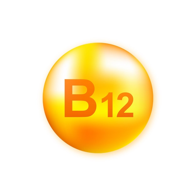 Vitamina B12 com ilustração realista de gotas.