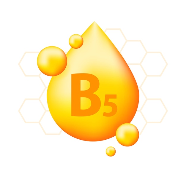 Vitamina B5 com gota realista Partículas de vitaminas no meio