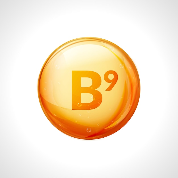 Vitamina b9 ouro. tratamento com ácido fólico para a pele. nutrição de vitamina de medicina natural pílula saudável.