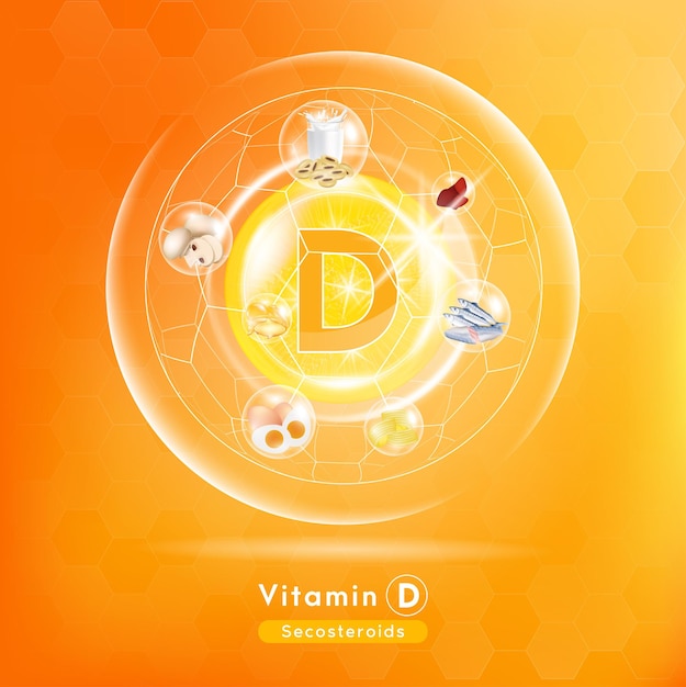 Vetor vitamina d cápsula do medicamento substância laranja anti-envelhecimento conceito de aprimoramento de beleza e cuidados de saúde