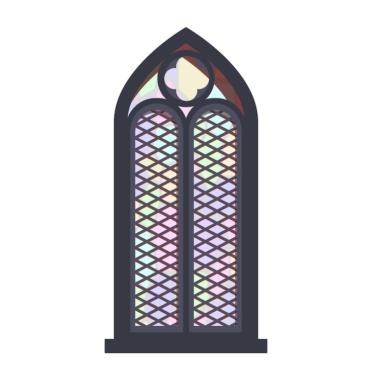 Vetor vitral gótico com design de luz de chumbo iluminando o interior da igreja