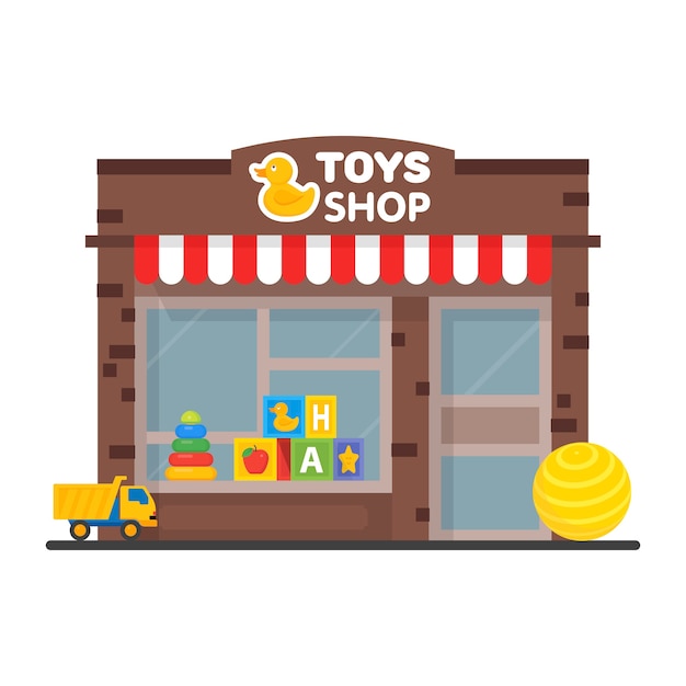 Vitrine da loja de brinquedos, edifício exterior, ilustração de brinquedos infantis.