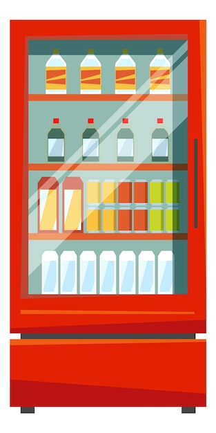 Vitrine de bebidas. frigorífico vermelho da loja com portas de vidro isoladas no fundo branco