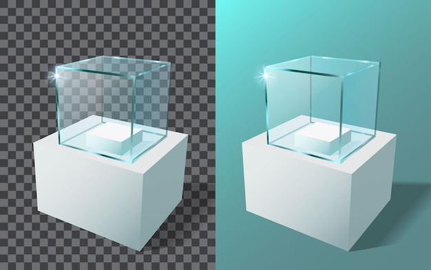 Vitrine de vidro vazio em forma de cubo. vitrine quadrada de vidro realista do vetor 3d.