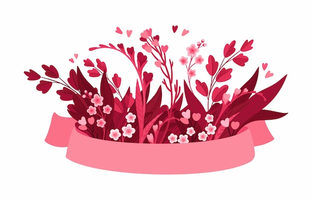 Vetor viva magenta arranjo floral com fita em branco modelo vazio primavera rosa e flor vermelha