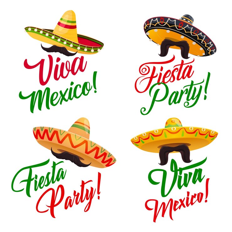 Vetor viva mexico com chapéus sombrero e bigode ou bigode, feriado mexicano feriado fiesta, decorado com ornamentos étnicos nas cores da bandeira do méxico. design de cartão de felicitações, festival ou carnaval