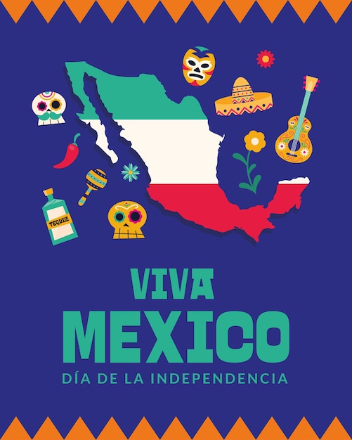 Viva mexico dia de la independencia com desenho de mapa, ilustração vetorial do tema cultura