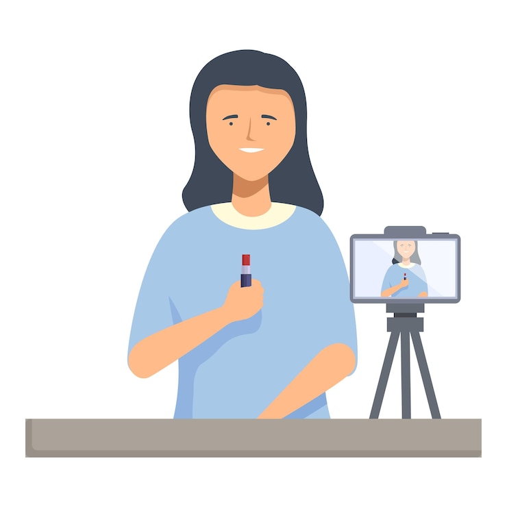 Vetor vlogger feminina aplica batom enquanto grava um tutorial de maquiagem para seu canal de beleza
