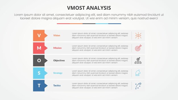 Vmost modelo de análise infográfico conceito para apresentação de slides com retângulo pilha callout cabeçalho de crachá com lista de 5 pontos com vetor de estilo plano