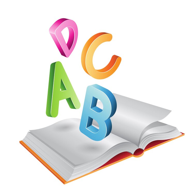 Vetor voando letras abcd coloridas e um livro aberto