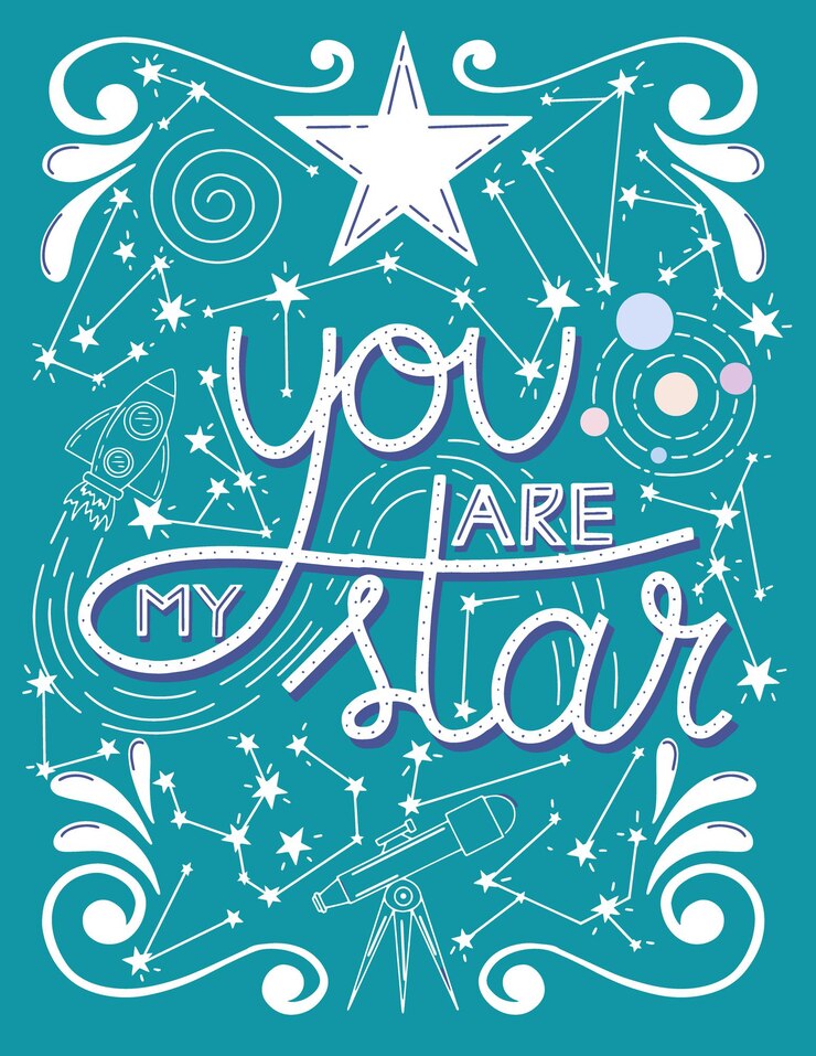 Você é minha estrela lettering citação estrelas telescópio um foguete e constelações