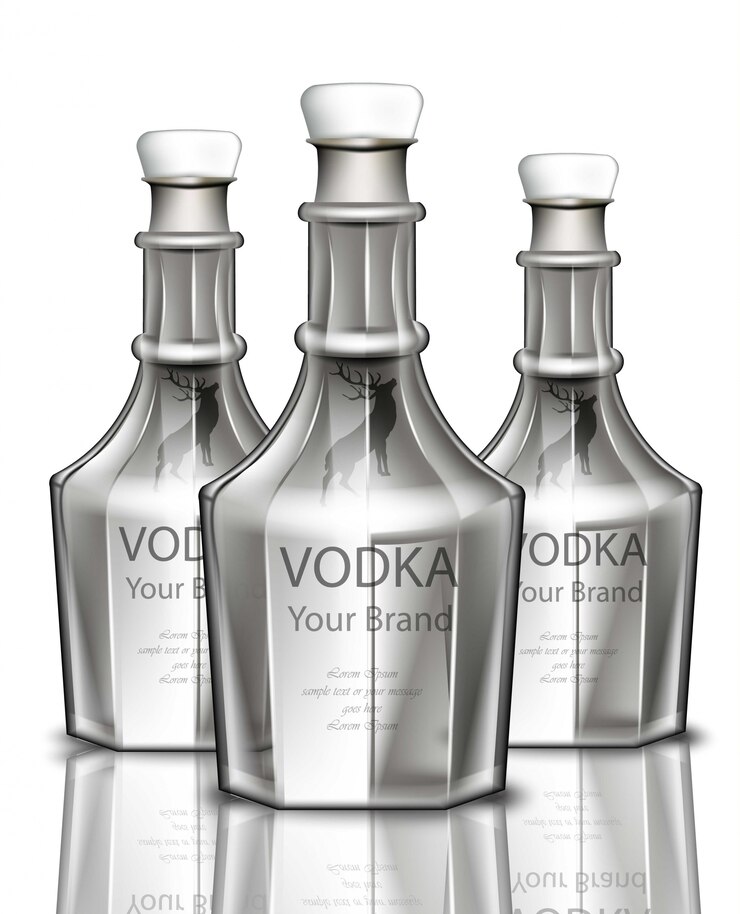 Vetor vodka garrafa realista. design de marca de embalagem do produto. lugar para textos
