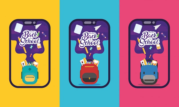 Volta ao cartaz da escola com mochilas e suprimentos em smartphones