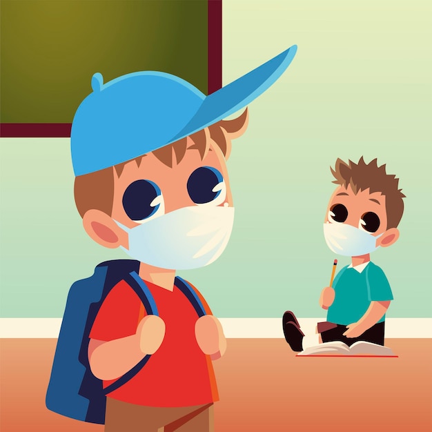 Volta às aulas de meninos com máscara médica lápis e caderno, tema distanciamento social e educação