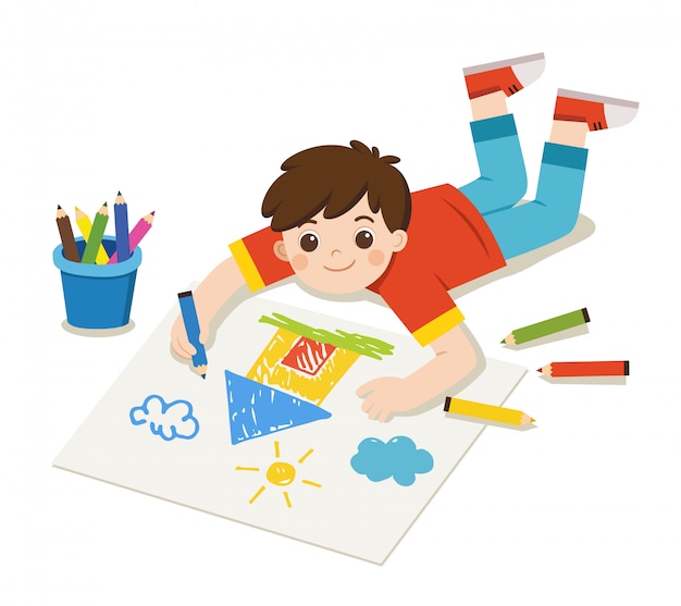 Voltar para a escola, menino feliz desenhar fotos lápis e tintas no chão. vetor isolado.