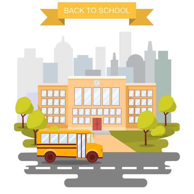 Voltar para o cartaz de vetor de conceito de escola. ônibus escolar com construção no fundo. escola primária e secundária da cidade. banner de educação em estilo cartoon plana.