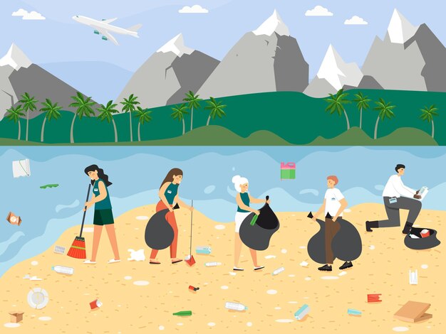 Voluntários coletando lixo em sacos de lixo na praia ilustração vetorial plana oceano costa resíduos cl...