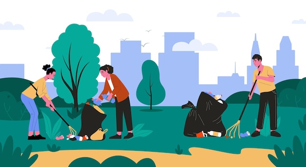 Voluntários limpando parques pegando lixo Ilustração de lixo no lixo do parque e limpeza do ambiente de lixo e voluntariado