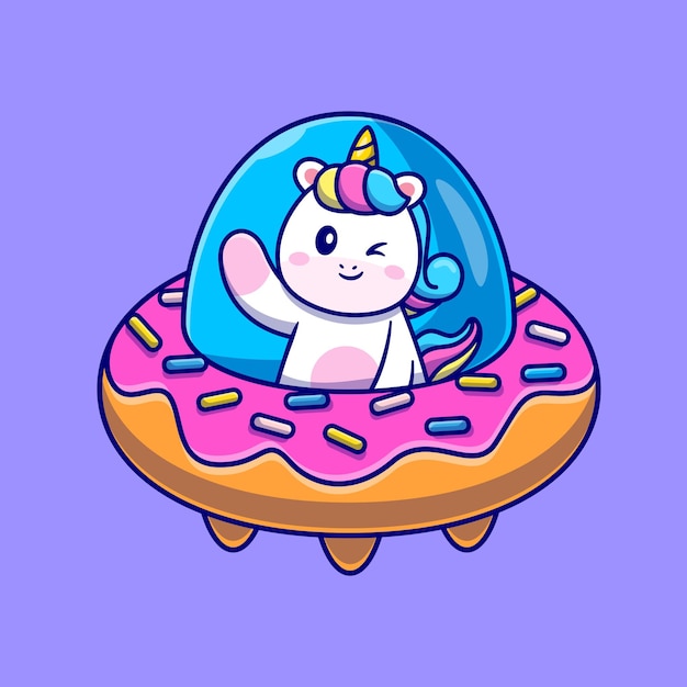 Vôo de unicórnio fofo com ilustração de ícone de desenho vetorial de ufo donut