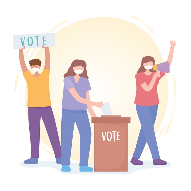 Votação e eleição, ativistas homens e mulheres pedem votos