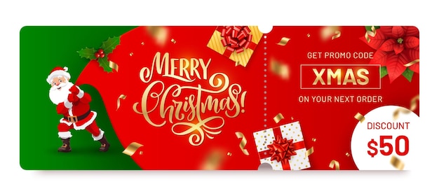 Voucher de Natal com cupom vetor isolado modelo de bilhete de Natal vale-presente de desconto de venda ou certificado com desenho animado Papai Noel puxar saco enorme com presentes verificação promocional de férias com código promocional