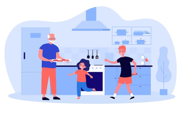 Vovô cozinhando com os netos na cozinha. Ilustração em vetor plana. Homem idoso segurando a bandeja de biscoitos, menina e menino ajudando. Família, casa, comida, férias, memórias, conceito dos avós