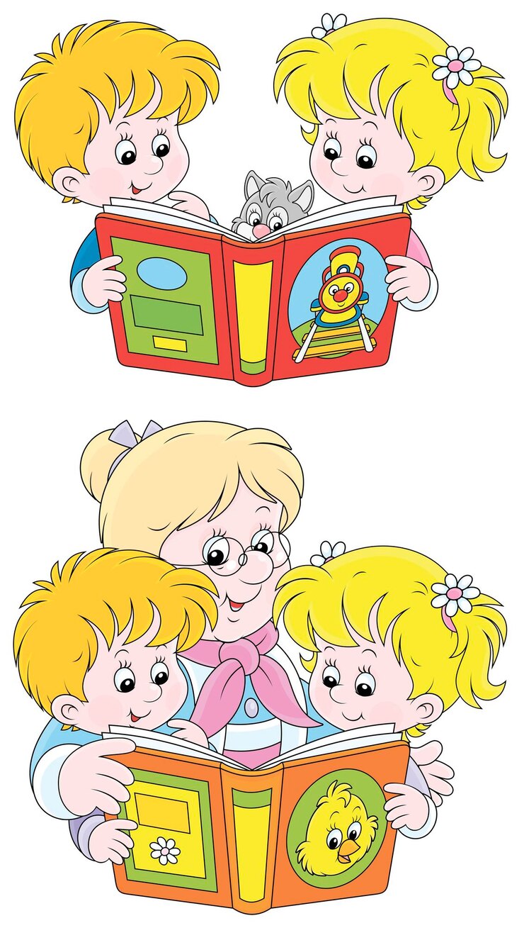 Vetor vovó e seus netos felizes lendo livros de histórias