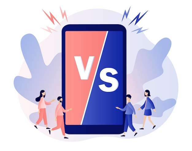 Vetor vs sinal de batalha na tela do smartphone versus letras competição entre duas pessoas ou produtos