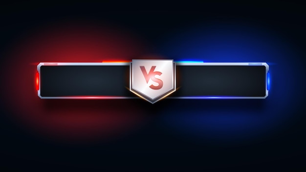 Vs versus battle headline modelo de banner moderno, fundo brilhante vermelho e azul, jogo.