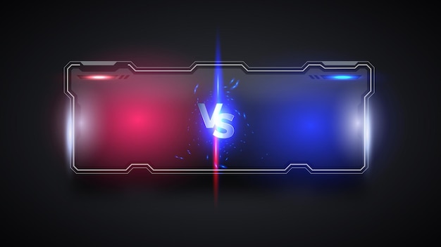 Vs versus battle headline modelo de banner moderno, fundo brilhante vermelho e azul, jogo.