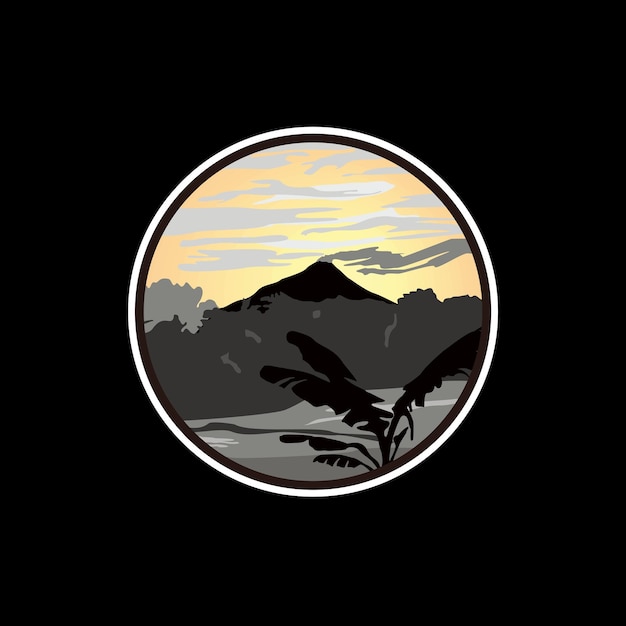 Vetor vulcão paisagem ilustração plana adesivo emblema design de logotipo de montanha perigosa