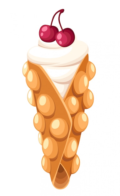 Waffle de hong kong com ilustração de cereja e chantilly na página do site e no aplicativo móvel com fundo branco