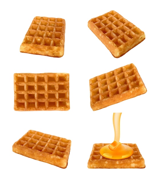 Waffles vienenses deliciosas sobremesas de cozimento comida vetor decente waffles quadrados crocantes em estilo realista de delicioso café da manhã comida sobremesa ilustração doce