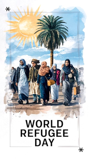 Vetor watercolor banner template illustration of world refugee day with muslim people walking to seek home